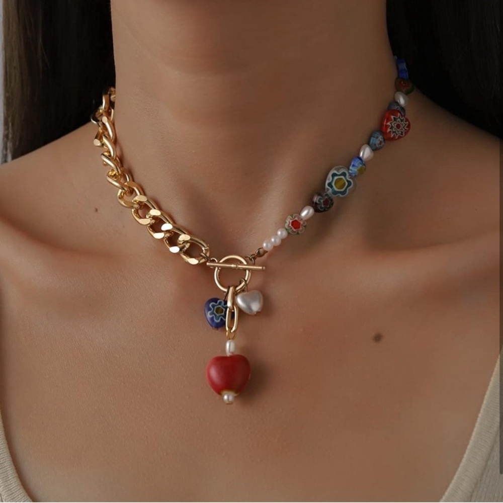 Colorful Gold Chunky Chain Heart Pendant Boho Evil Eye Necklace - Picture 3 of 6